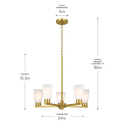 Kichler Stamos 24in 5-Light Chandelier | Modern/Contemporary Brushed Gold Steel and Clear Satin Etched Glass | Dining Room & Living Room | Model 52436BG