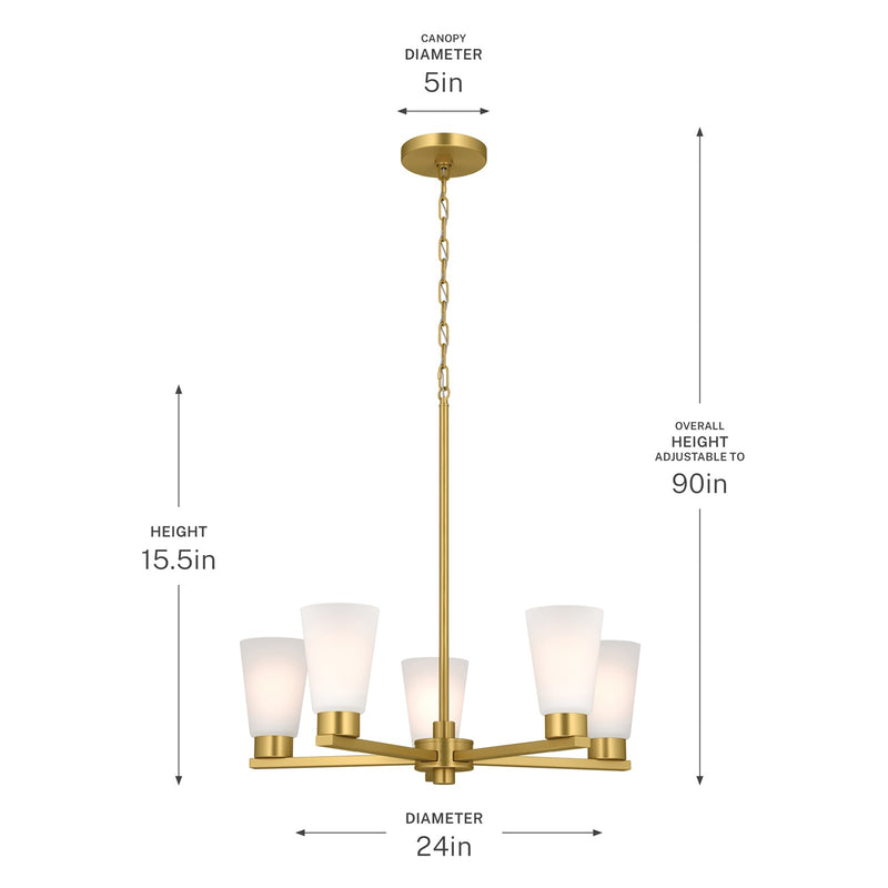 Kichler Stamos 24in 5-Light Chandelier | Modern/Contemporary Brushed Gold Steel and Clear Satin Etched Glass | Dining Room & Living Room | Model 52436BG