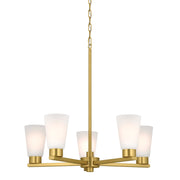 Kichler Stamos 24in 5-Light Chandelier | Modern/Contemporary Brushed Gold Steel and Clear Satin Etched Glass | Dining Room & Living Room | Model 52436BG