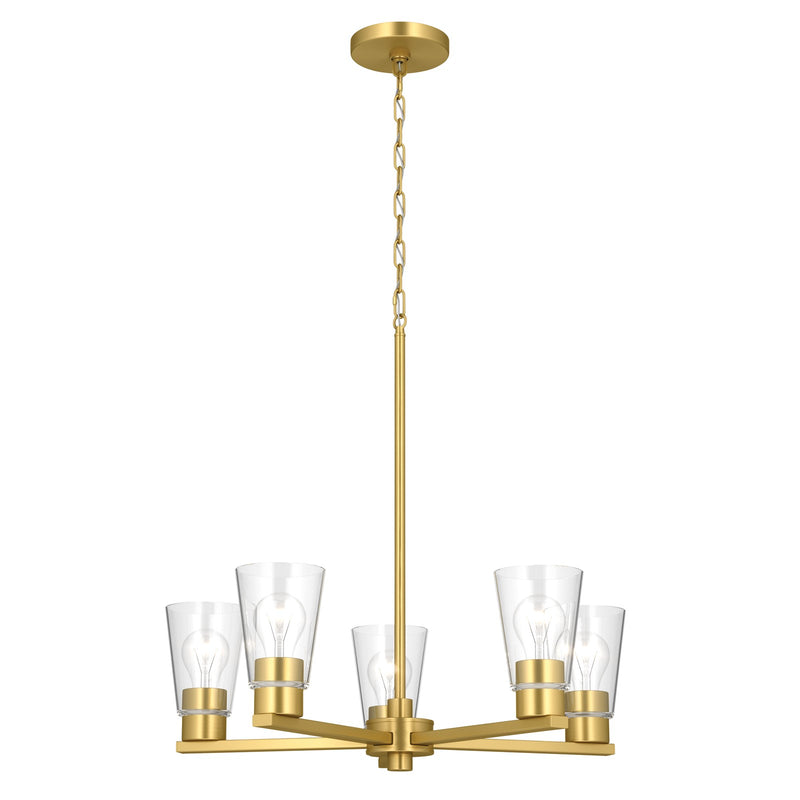 Kichler Stamos 24in 5-Light Chandelier | Modern/Contemporary Brushed Gold Steel and Clear Glass | Dining Room & Living Room | 24 x 24 x 15.5 in | Model 52436BGCLR