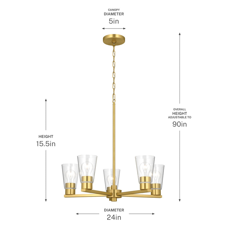 Kichler Stamos 24in 5-Light Chandelier | Modern/Contemporary Brushed Gold Steel and Clear Glass | Dining Room & Living Room | 24 x 24 x 15.5 in | Model 52436BGCLR