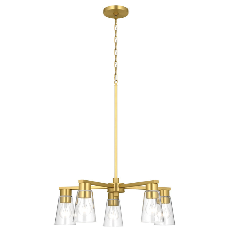 Kichler Stamos 24in 5-Light Chandelier | Modern/Contemporary Brushed Gold Steel and Clear Glass | Dining Room & Living Room | 24 x 24 x 15.5 in | Model 52436BGCLR