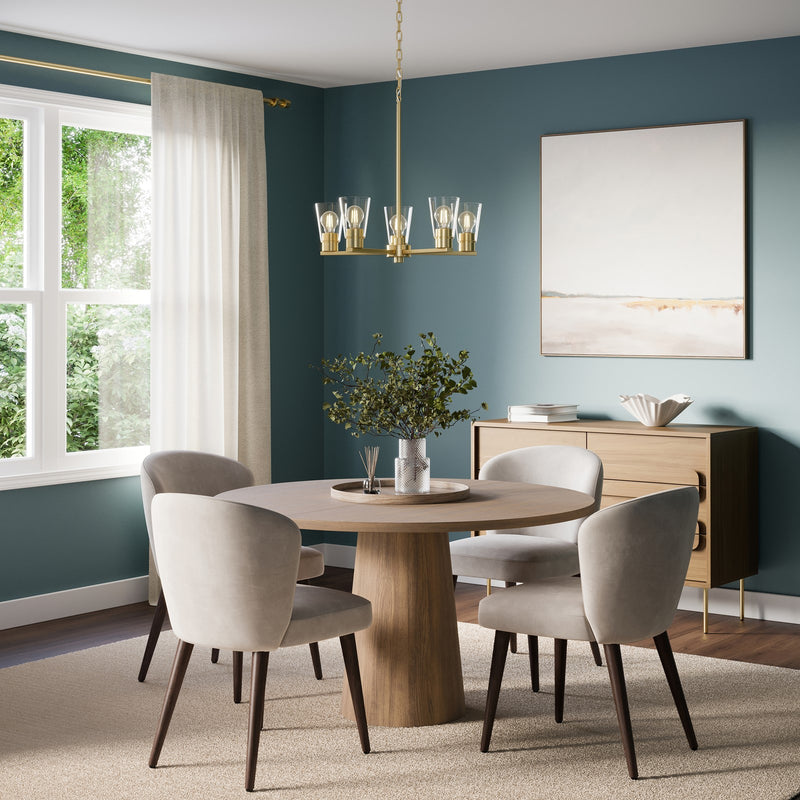 Kichler Stamos 24in 5-Light Chandelier | Modern/Contemporary Brushed Gold Steel and Clear Glass | Dining Room & Living Room | 24 x 24 x 15.5 in | Model 52436BGCLR
