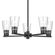 Kichler Stamos 24in 5-Light Chandelier | Modern/Contemporary Black Steel and Clear Glass | Dining Room & Living Room | 24 x 24 x 15.5 in | Model 52436BKCLR