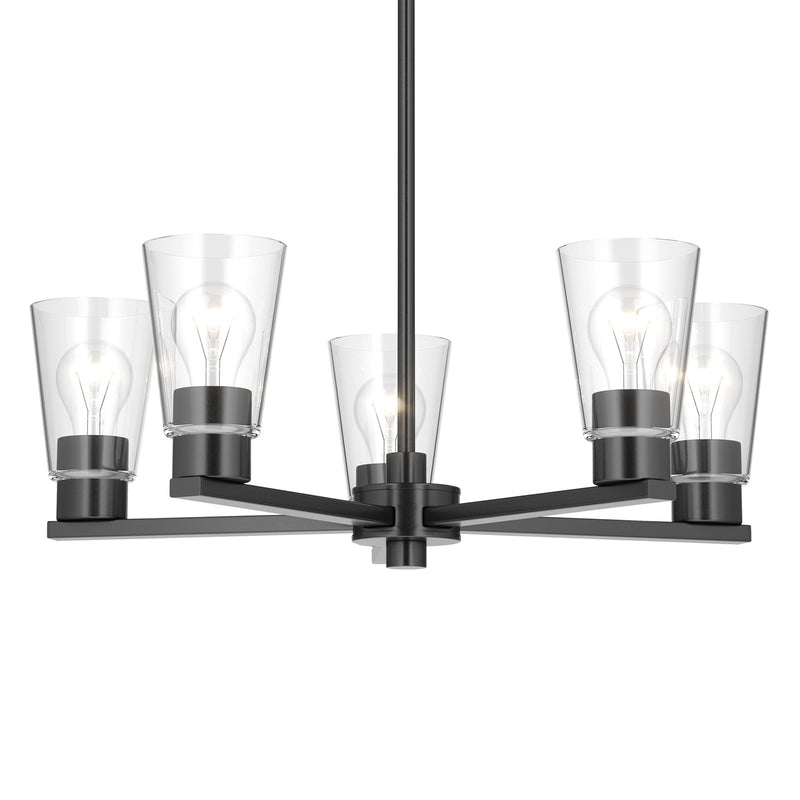 Kichler Stamos 24in 5-Light Chandelier | Modern/Contemporary Black Steel and Clear Glass | Dining Room & Living Room | 24 x 24 x 15.5 in | Model 52436BKCLR