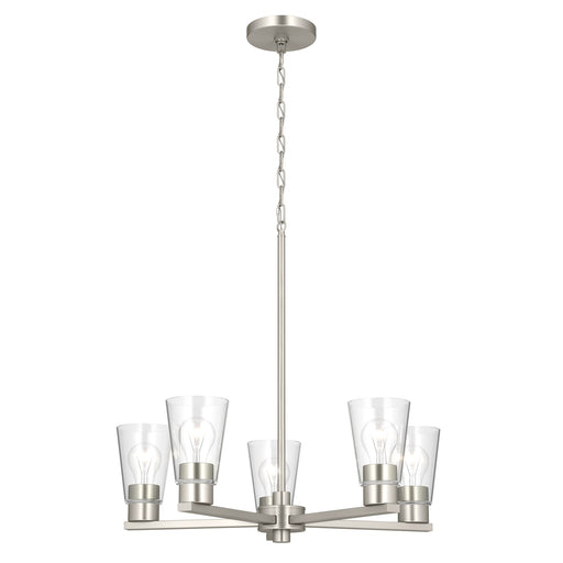 Kichler Stamos 24in 5-Light Chandelier | Modern Brushed Nickel Steel and Clear Satin Etched Glass | Kitchen Island & Dining Room | 24 x 24 x 15.5 in | Model 52436NICLR