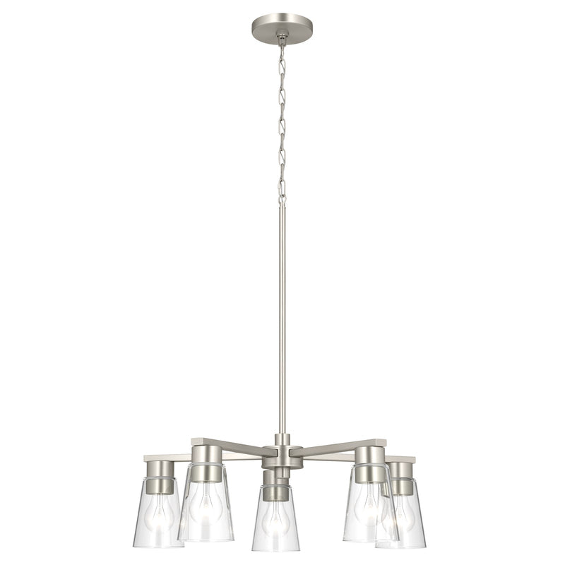 Kichler Stamos 24in 5-Light Chandelier | Modern Brushed Nickel Steel and Clear Satin Etched Glass | Kitchen Island & Dining Room | 24 x 24 x 15.5 in | Model 52436NICLR