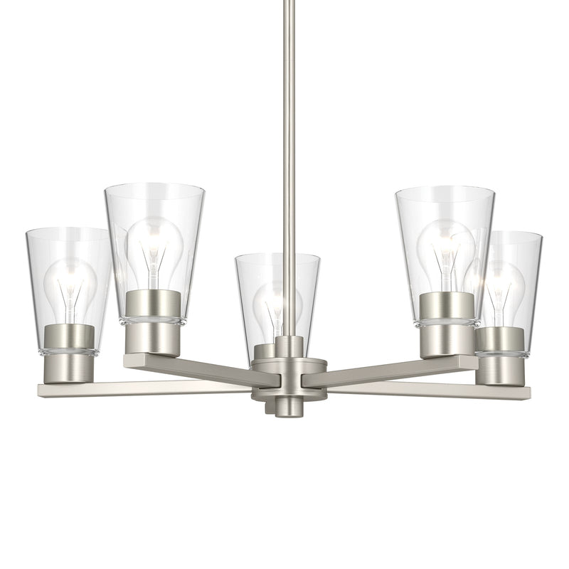 Kichler Stamos 24in 5-Light Chandelier | Modern Brushed Nickel Steel and Clear Satin Etched Glass | Kitchen Island & Dining Room | 24 x 24 x 15.5 in | Model 52436NICLR