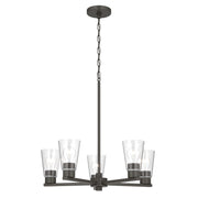 Kichler Stamos 24in 5-Light Chandelier | Modern Olde Bronze Steel and Clear Satin Etched Glass | Kitchen Island & Dining Room | 24 x 24 x 15.5 in | Model 52436OZCLR