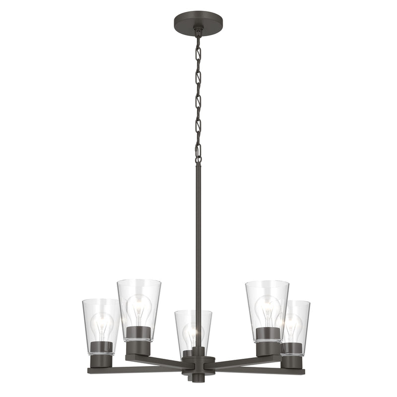 Kichler Stamos 24in 5-Light Chandelier | Modern Olde Bronze Steel and Clear Satin Etched Glass | Kitchen Island & Dining Room | 24 x 24 x 15.5 in | Model 52436OZCLR