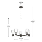 Kichler Stamos 24in 5-Light Chandelier | Modern Olde Bronze Steel and Clear Satin Etched Glass | Kitchen Island & Dining Room | 24 x 24 x 15.5 in | Model 52436OZCLR