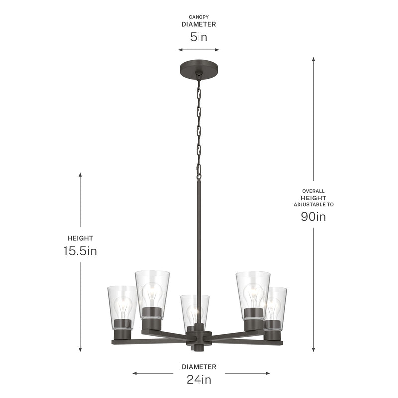 Kichler Stamos 24in 5-Light Chandelier | Modern Olde Bronze Steel and Clear Satin Etched Glass | Kitchen Island & Dining Room | 24 x 24 x 15.5 in | Model 52436OZCLR