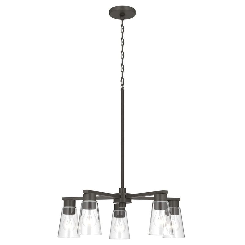 Kichler Stamos 24in 5-Light Chandelier | Modern Olde Bronze Steel and Clear Satin Etched Glass | Kitchen Island & Dining Room | 24 x 24 x 15.5 in | Model 52436OZCLR