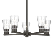Kichler Stamos 24in 5-Light Chandelier | Modern Olde Bronze Steel and Clear Satin Etched Glass | Kitchen Island & Dining Room | 24 x 24 x 15.5 in | Model 52436OZCLR