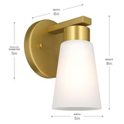 Kichler Stamos 8in 1-Light Wall Sconce | Modern Brushed Gold Steel and Clear Satin Etched Glass | Hallway & Bathroom Accent | 5 x 8 x 5.5 in | Model 52437BG