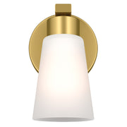 Kichler Stamos 8in 1-Light Wall Sconce | Modern Brushed Gold Steel and Clear Satin Etched Glass | Hallway & Bathroom Accent | 5 x 8 x 5.5 in | Model 52437BG