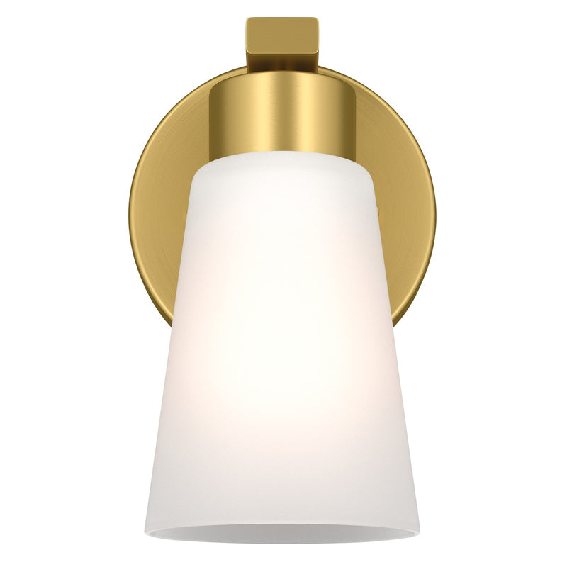 Kichler Stamos 8in 1-Light Wall Sconce | Modern Brushed Gold Steel and Clear Satin Etched Glass | Hallway & Bathroom Accent | 5 x 8 x 5.5 in | Model 52437BG