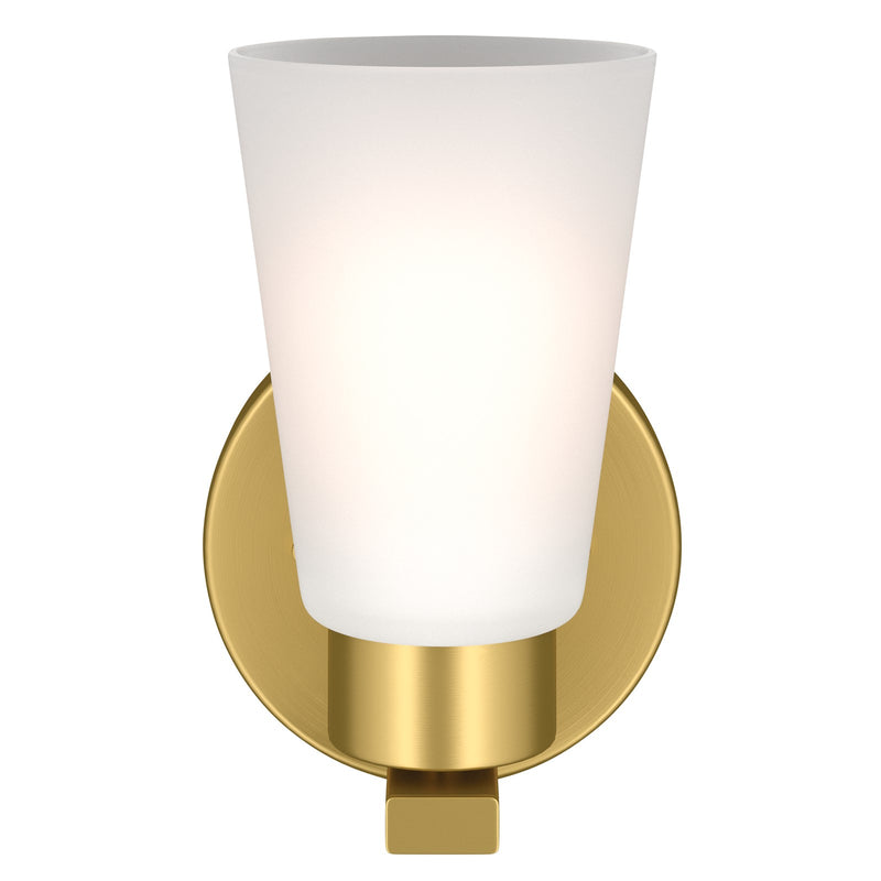 Kichler Stamos 8in 1-Light Wall Sconce | Modern Brushed Gold Steel and Clear Satin Etched Glass | Hallway & Bathroom Accent | 5 x 8 x 5.5 in | Model 52437BG
