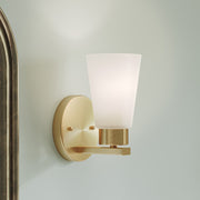 Kichler Stamos 8in 1-Light Wall Sconce | Modern Brushed Gold Steel and Clear Satin Etched Glass | Hallway & Bathroom Accent | 5 x 8 x 5.5 in | Model 52437BG