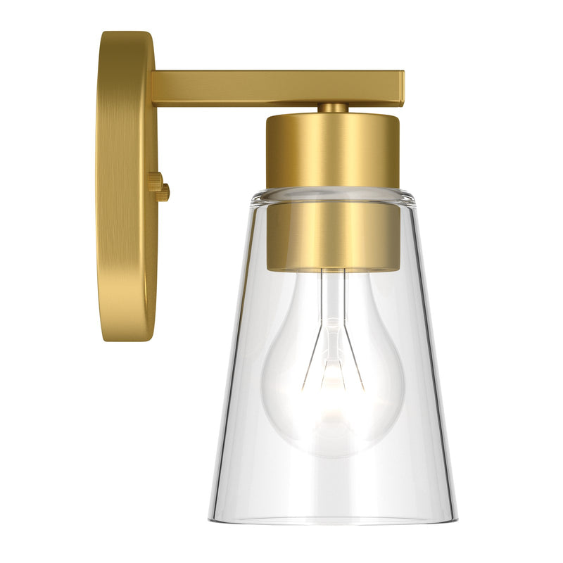 Kichler Stamos 8in 1-Light Wall Sconce | Modern Brushed Gold Steel and Clear Glass | Hallway & Bathroom Accent | 5 x 8 x 5.5 in | Model 52437BGCLR