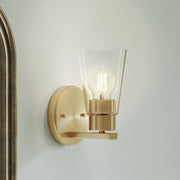 Kichler Stamos 8in 1-Light Wall Sconce | Modern Brushed Gold Steel and Clear Glass | Hallway & Bathroom Accent | 5 x 8 x 5.5 in | Model 52437BGCLR