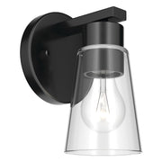 Kichler Stamos 8in 1-Light Wall Sconce | Modern Black Steel and Clear Satin Etched Glass | Hallway & Bathroom Accent | 5 x 8 in, Damp Rated | Model 52437BKCLR