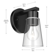 Kichler Stamos 8in 1-Light Wall Sconce | Modern Black Steel and Clear Satin Etched Glass | Hallway & Bathroom Accent | 5 x 8 in, Damp Rated | Model 52437BKCLR