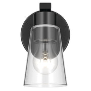 Kichler Stamos 8in 1-Light Wall Sconce | Modern Black Steel and Clear Satin Etched Glass | Hallway & Bathroom Accent | 5 x 8 in, Damp Rated | Model 52437BKCLR