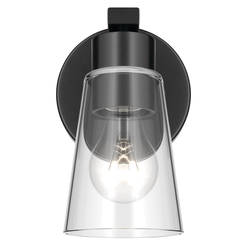 Kichler Stamos 8in 1-Light Wall Sconce | Modern Black Steel and Clear Satin Etched Glass | Hallway & Bathroom Accent | 5 x 8 in, Damp Rated | Model 52437BKCLR
