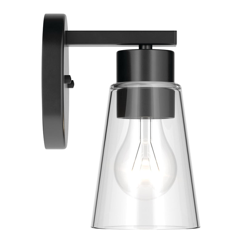 Kichler Stamos 8in 1-Light Wall Sconce | Modern Black Steel and Clear Satin Etched Glass | Hallway & Bathroom Accent | 5 x 8 in, Damp Rated | Model 52437BKCLR