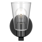 Kichler Stamos 8in 1-Light Wall Sconce | Modern Black Steel and Clear Satin Etched Glass | Hallway & Bathroom Accent | 5 x 8 in, Damp Rated | Model 52437BKCLR