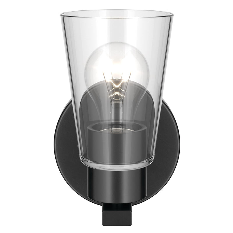 Kichler Stamos 8in 1-Light Wall Sconce | Modern Black Steel and Clear Satin Etched Glass | Hallway & Bathroom Accent | 5 x 8 in, Damp Rated | Model 52437BKCLR
