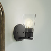 Kichler Stamos 8in 1-Light Wall Sconce | Modern Black Steel and Clear Satin Etched Glass | Hallway & Bathroom Accent | 5 x 8 in, Damp Rated | Model 52437BKCLR