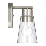 Kichler Stamos 8in 1-Light Wall Sconce | Modern Brushed Nickel Steel and Clear Satin Etched Glass | Hallway & Bathroom Accent | 5 x 8 in, Damp Rated | Model 52437NICLR