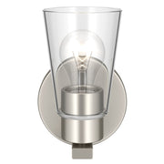 Kichler Stamos 8in 1-Light Wall Sconce | Modern Brushed Nickel Steel and Clear Satin Etched Glass | Hallway & Bathroom Accent | 5 x 8 in, Damp Rated | Model 52437NICLR