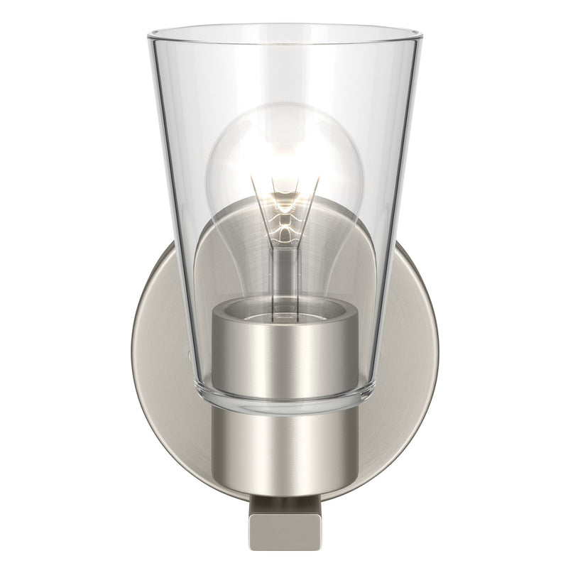 Kichler Stamos 8in 1-Light Wall Sconce | Modern Brushed Nickel Steel and Clear Satin Etched Glass | Hallway & Bathroom Accent | 5 x 8 in, Damp Rated | Model 52437NICLR