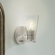 Kichler Stamos 8in 1-Light Wall Sconce | Modern Brushed Nickel Steel and Clear Satin Etched Glass | Hallway & Bathroom Accent | 5 x 8 in, Damp Rated | Model 52437NICLR