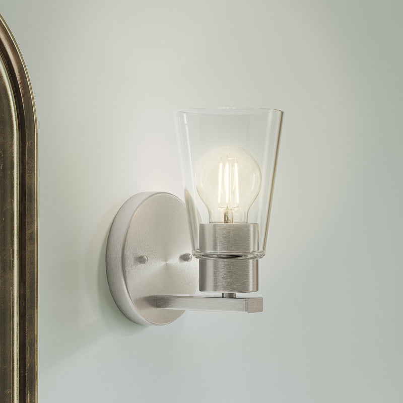 Kichler Stamos 8in 1-Light Wall Sconce | Modern Brushed Nickel Steel and Clear Satin Etched Glass | Hallway & Bathroom Accent | 5 x 8 in, Damp Rated | Model 52437NICLR