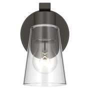 Kichler Stamos 8in 1-Light Wall Sconce | Modern Olde Bronze Steel and Clear Satin Etched Glass | Hallway & Bathroom Accent | 5 x 8 in, Damp Rated | Model 52437OZCLR