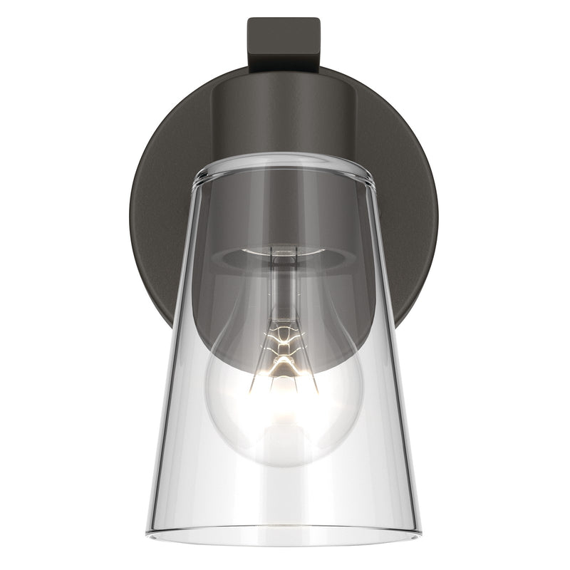 Kichler Stamos 8in 1-Light Wall Sconce | Modern Olde Bronze Steel and Clear Satin Etched Glass | Hallway & Bathroom Accent | 5 x 8 in, Damp Rated | Model 52437OZCLR