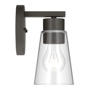 Kichler Stamos 8in 1-Light Wall Sconce | Modern Olde Bronze Steel and Clear Satin Etched Glass | Hallway & Bathroom Accent | 5 x 8 in, Damp Rated | Model 52437OZCLR