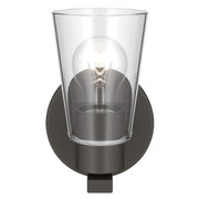 Kichler Stamos 8in 1-Light Wall Sconce | Modern Olde Bronze Steel and Clear Satin Etched Glass | Hallway & Bathroom Accent | 5 x 8 in, Damp Rated | Model 52437OZCLR