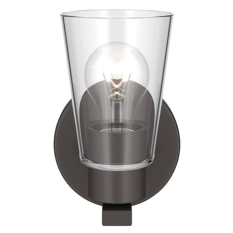 Kichler Stamos 8in 1-Light Wall Sconce | Modern Olde Bronze Steel and Clear Satin Etched Glass | Hallway & Bathroom Accent | 5 x 8 in, Damp Rated | Model 52437OZCLR