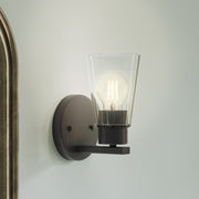 Kichler Stamos 8in 1-Light Wall Sconce | Modern Olde Bronze Steel and Clear Satin Etched Glass | Hallway & Bathroom Accent | 5 x 8 in, Damp Rated | Model 52437OZCLR