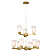 Kichler Stamos 24in 9-Light 2-Tier Chandelier | Modern Brushed Gold Steel and Satin Etched Glass | Dining Room & Living Room | 27 in H, Adjustable | Model 52438BG