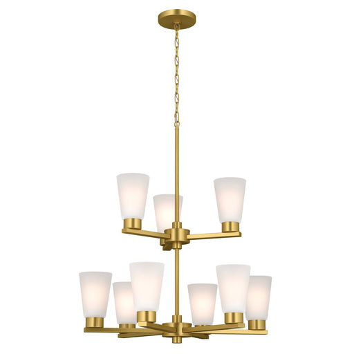 Kichler Stamos 24in 9-Light 2-Tier Chandelier | Modern Brushed Gold Steel and Satin Etched Glass | Dining Room & Living Room | 27 in H, Adjustable | Model 52438BG