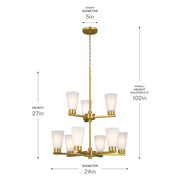 Kichler Stamos 24in 9-Light 2-Tier Chandelier | Modern Brushed Gold Steel and Satin Etched Glass | Dining Room & Living Room | 27 in H, Adjustable | Model 52438BG