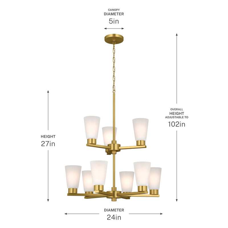 Kichler Stamos 24in 9-Light 2-Tier Chandelier | Modern Brushed Gold Steel and Satin Etched Glass | Dining Room & Living Room | 27 in H, Adjustable | Model 52438BG