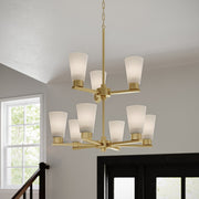 Kichler Stamos 24in 9-Light 2-Tier Chandelier | Modern Brushed Gold Steel and Satin Etched Glass | Dining Room & Living Room | 27 in H, Adjustable | Model 52438BG