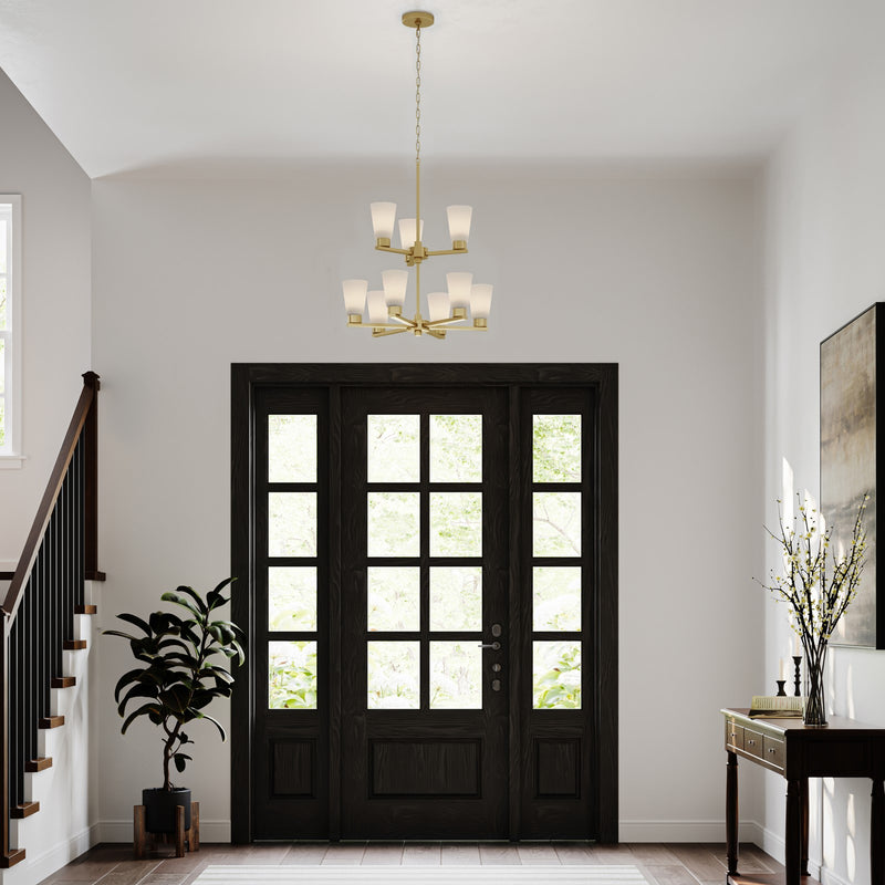 Kichler Stamos 24in 9-Light 2-Tier Chandelier | Modern Brushed Gold Steel and Satin Etched Glass | Dining Room & Living Room | 27 in H, Adjustable | Model 52438BG